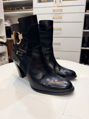 Cuadra Black Leather & Suede Horsebit Ankle Block Heel Boots